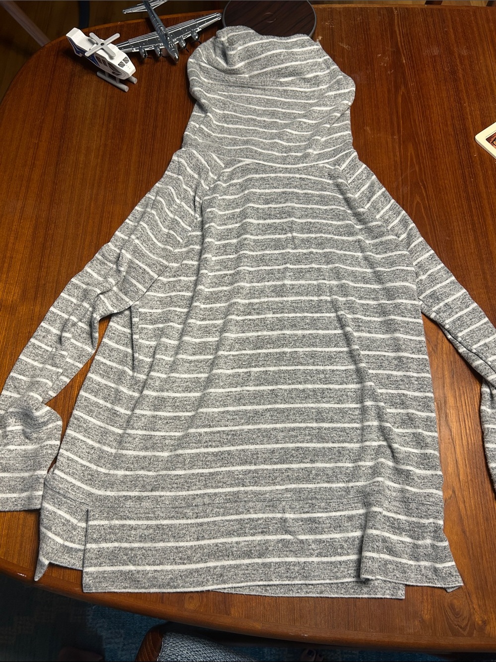 Striped Gray & White Cowl Neck Sweater